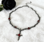 Crimson Rose Cross Necklace – Gothic Vampire Thorn Choker - Image 4