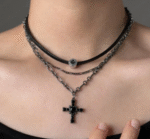 Raven Cross Choker – Gothic Layered Rhinestone Necklace - Image 3