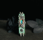 Green Eye Spiked Leather Cuff – Handmade Cyberpunk Bracelet - Image 3