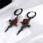 Black Thorn Rose Cross Earrings – Gothic Vampire Studs & Dangle Hoops - Image 4