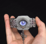 Blue-Purple Cat Eye Gothic Leather Cuff – Cross & Sword Charm Bracelet - Image 3