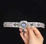 Blue-Purple Cat Eye Gothic Leather Cuff – Cross & Sword Charm Bracelet - Image 4