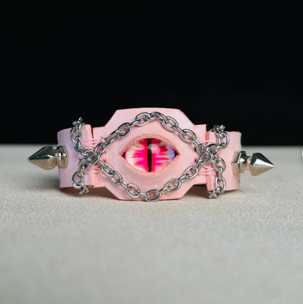 Red Eye Pink Leather Cuff – Handmade Gothic Studded Bracelet