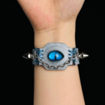 Blue Eye Punk Leather Cuff – Handmade Spiked Chain Wristband - Image 4